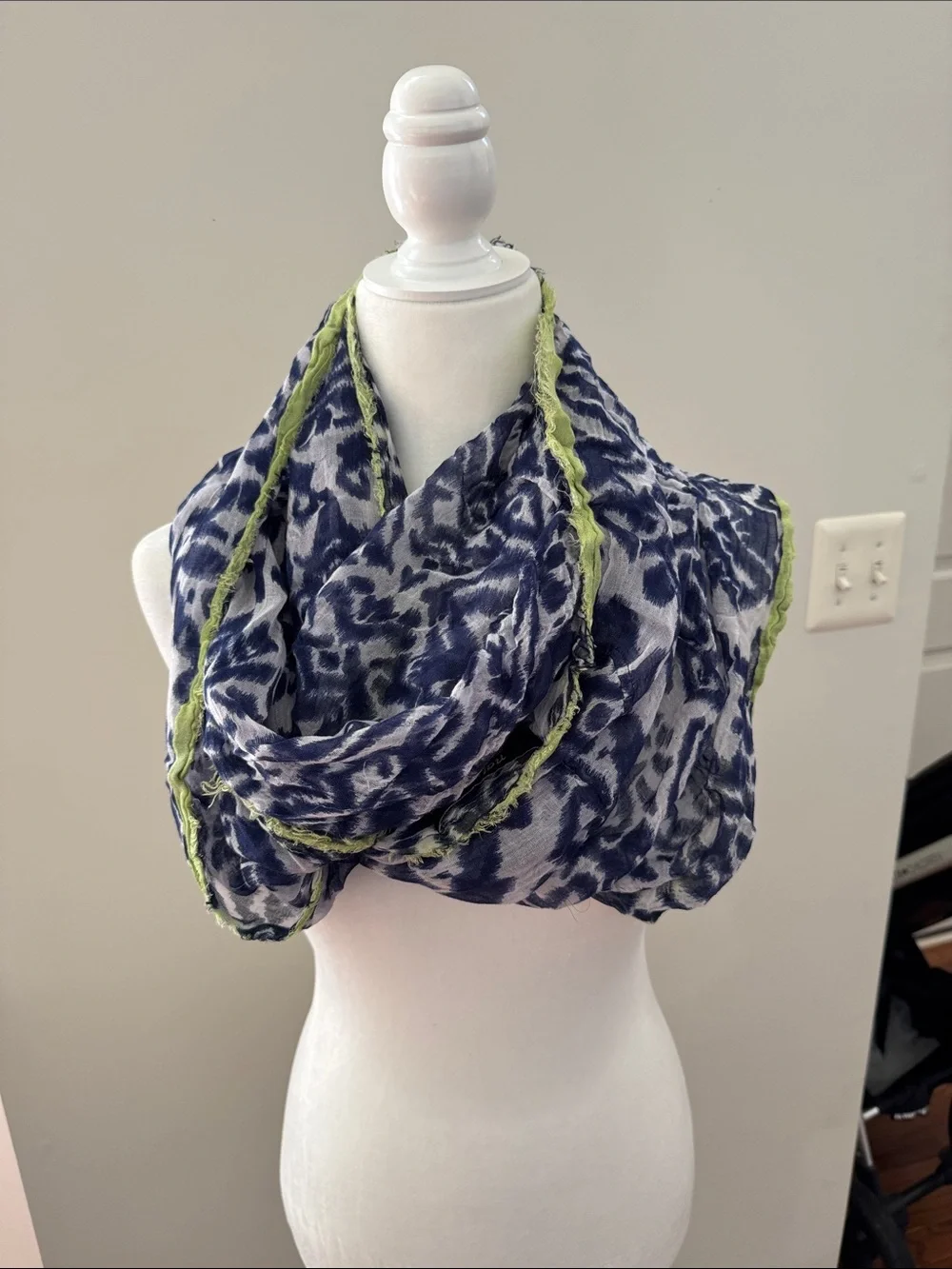 Anthology Lightweight Navy and White Animal-Print Infinity Scarf with Green Trim